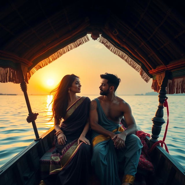 A serene and culturally vibrant scene set on a traditional Indian wooden boat