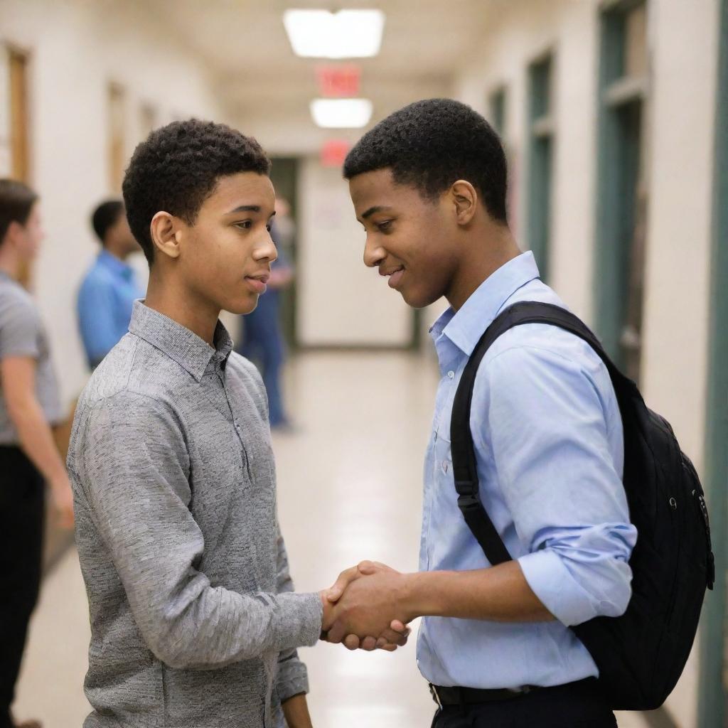 A young man sincerely apologizing to another male student in a bustling school hallway, illustrating a pivotal moment of reconciliation.