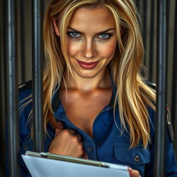 An extreme close-up view through prison bars of an attractive female officer