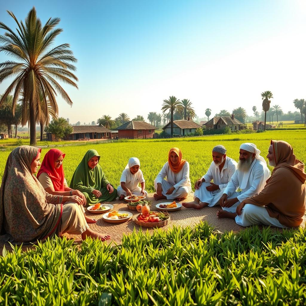 A vibrant family gathering of Muslim farmers in rural Cairo, seated together in an agricultural field during lunchtime