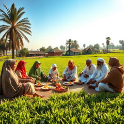 A vibrant family gathering of Muslim farmers in rural Cairo, seated together in an agricultural field during lunchtime