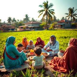 A vibrant family gathering of Muslim farmers in rural Cairo, seated together in an agricultural field during lunchtime