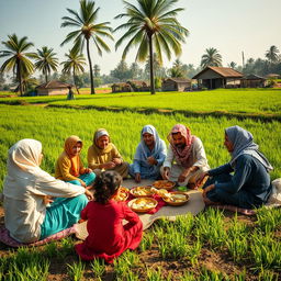 A vibrant family gathering of Muslim farmers in rural Cairo, seated together in an agricultural field during lunchtime