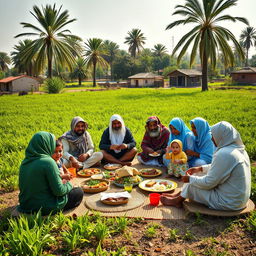 A vibrant family gathering of Muslim farmers in rural Cairo, seated together in an agricultural field during lunchtime