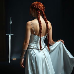 A captivating woman with long red hair styled with intricate braids, wearing an elegant white gown that cascades gracefully to the ground