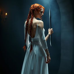 A captivating woman with long red hair styled with intricate braids, wearing an elegant white gown that cascades gracefully to the ground