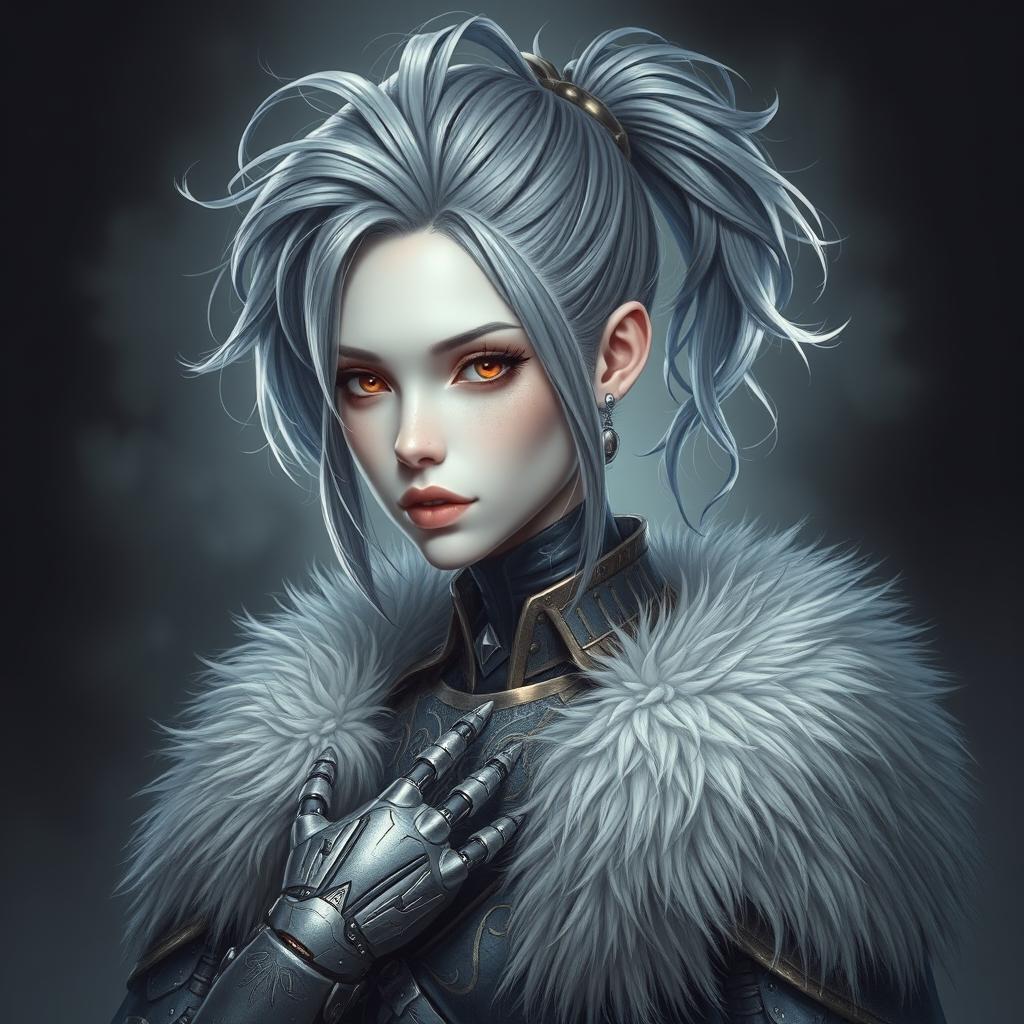 A mystical portrait of an Earth genasi with grey and white hair styled in a messy ponytail, adorned in elaborate armor