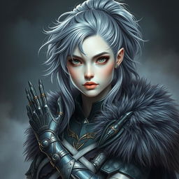 A mystical portrait of an Earth genasi with grey and white hair styled in a messy ponytail, adorned in elaborate armor