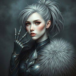 A mystical portrait of an Earth genasi with grey and white hair styled in a messy ponytail, adorned in elaborate armor