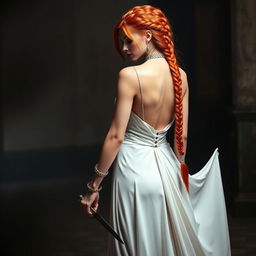 A captivating woman with long red hair styled with intricate braids, wearing an elegant white gown that cascades gracefully to the ground