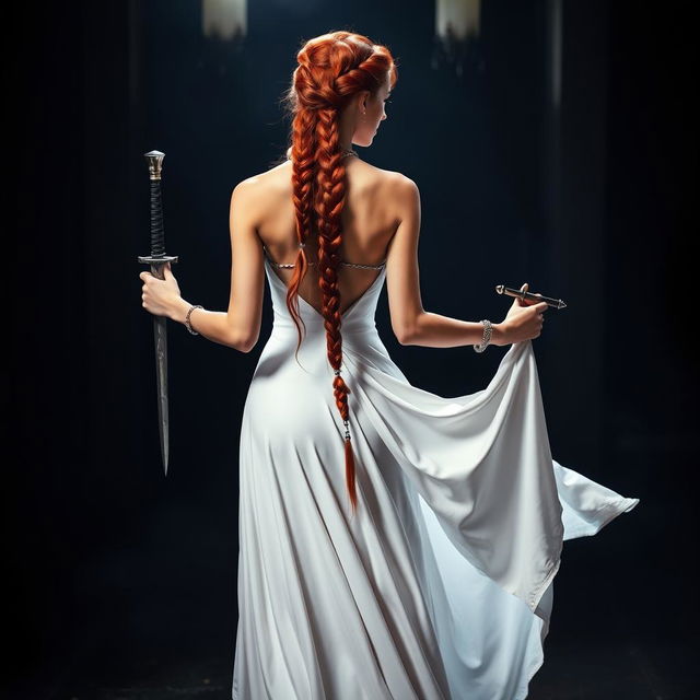 A captivating woman with long red hair styled with intricate braids, wearing an elegant white gown that cascades gracefully to the ground