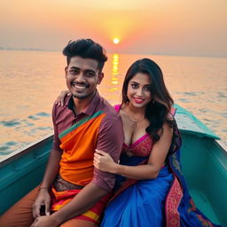 A handsome young man with a charming smile and his sexy girlfriend on a boat