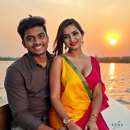 A handsome young man with a charming smile and his sexy girlfriend on a boat