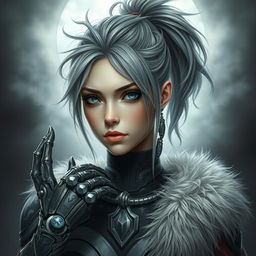 A mystical portrait of an Earth genasi with grey and white hair styled in a messy ponytail, adorned in elaborate armor