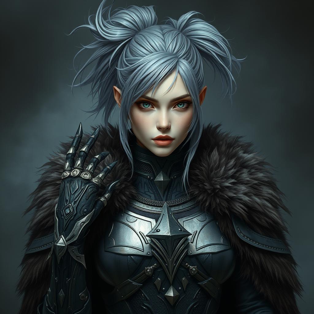 A mystical portrait of an Earth genasi with grey and white hair styled in a messy ponytail, adorned in elaborate armor