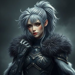 A mystical portrait of an Earth genasi with grey and white hair styled in a messy ponytail, adorned in elaborate armor