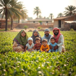 A serene scene in rural Egypt depicting a group seated comfortably in the middle of an agricultural field