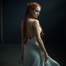 A captivating woman with long red hair styled with intricate braids, wearing an elegant white gown that elegantly flows behind her