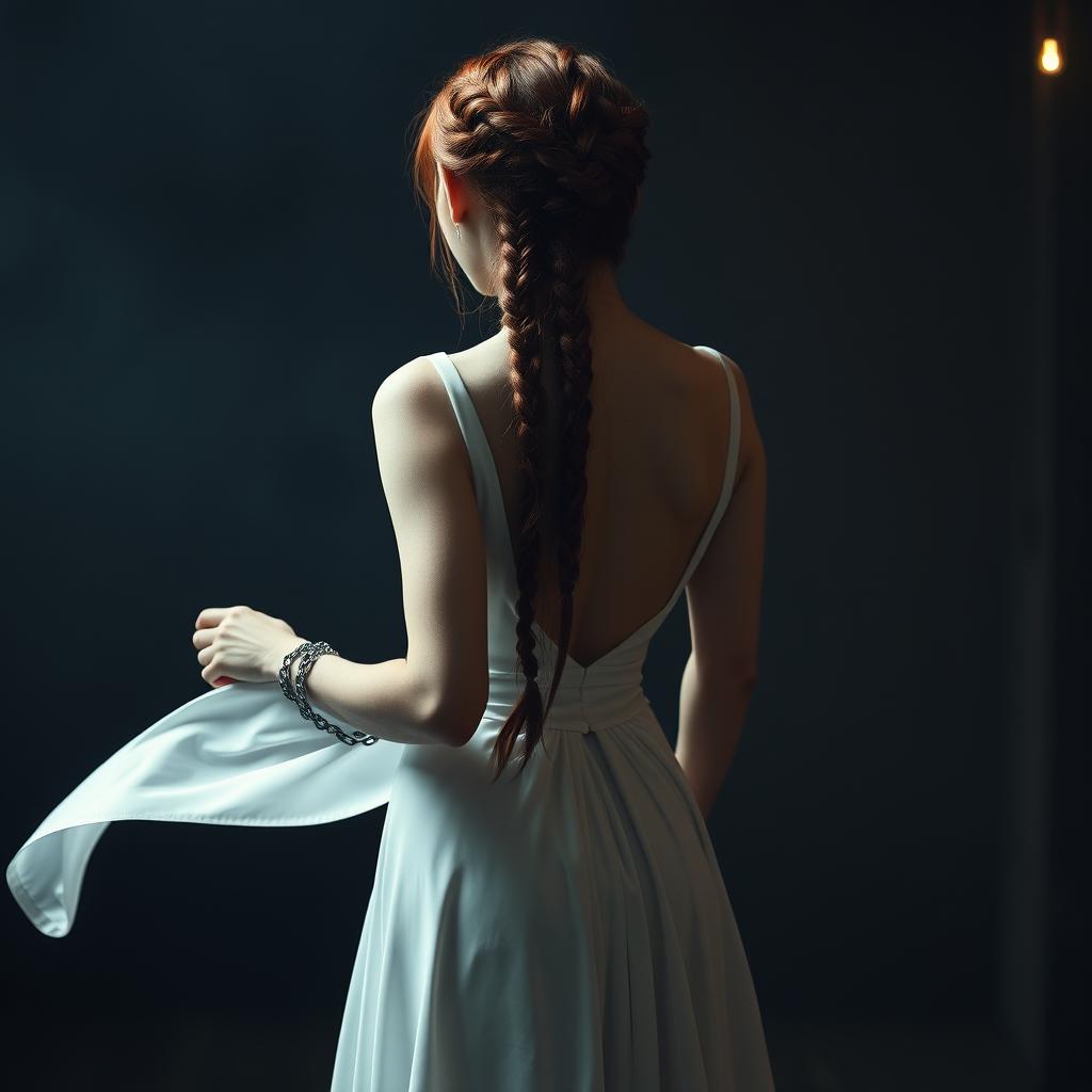 A captivating woman with long red hair styled with intricate braids, wearing an elegant white gown that elegantly flows behind her