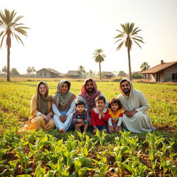 A serene scene in rural Egypt depicting a group seated comfortably in the middle of an agricultural field