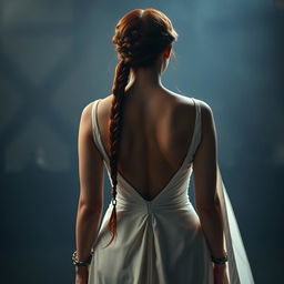 A captivating woman with long red hair styled with intricate braids, wearing an elegant white gown that elegantly flows behind her