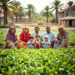 A serene scene in rural Egypt depicting a group seated comfortably in the middle of an agricultural field