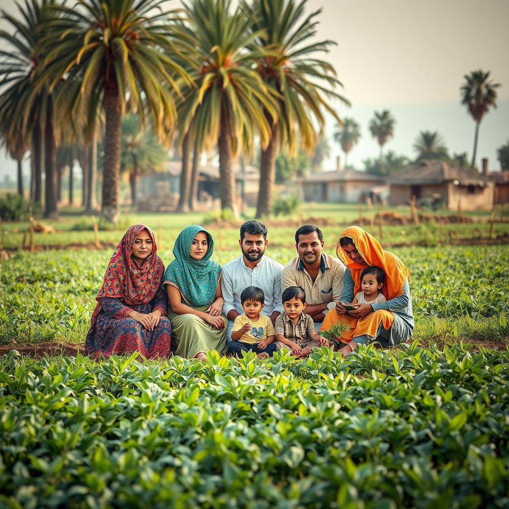 A serene scene in rural Egypt depicting a group seated comfortably in the middle of an agricultural field