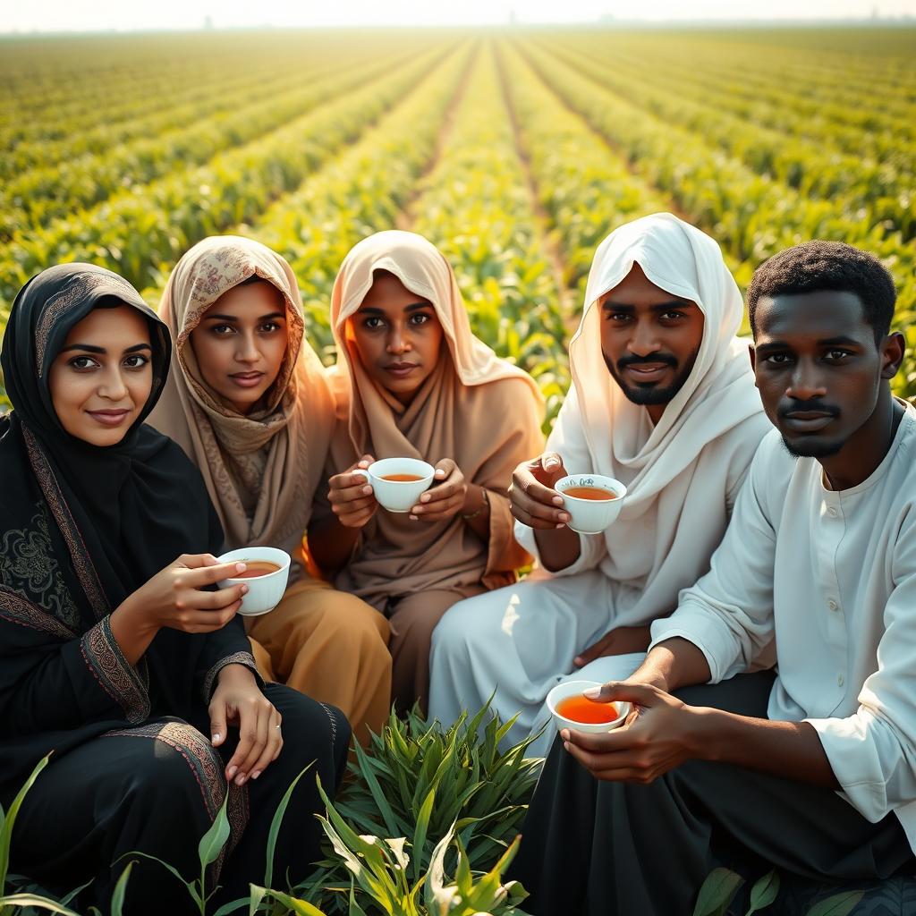 An intimate portrait of an Egyptian family seated in an agricultural field