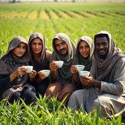 An intimate portrait of an Egyptian family seated in an agricultural field