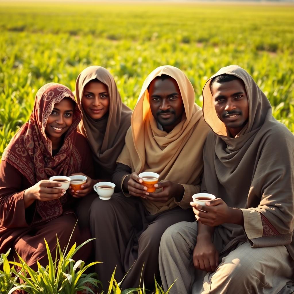 An intimate portrait of an Egyptian family seated in an agricultural field