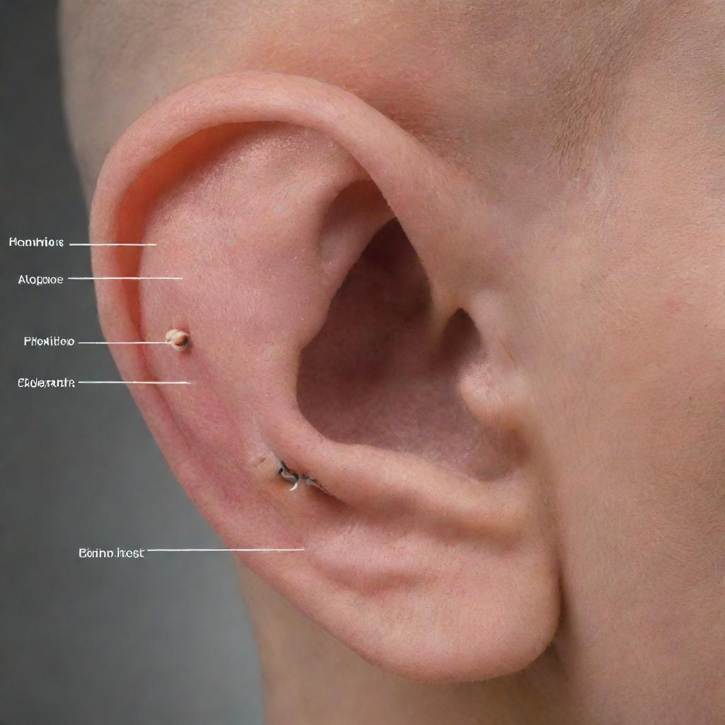 A detailed and labeled diagram showcasing the different parts of the human ear and their respective functions. Include the outer, middle, and inner ear structure with key parts such as tympanic membrane, cochlea, auditory nerve, and Eustachian tube.