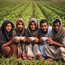 An intimate portrait of an Egyptian family seated in an agricultural field