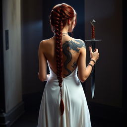 A captivating woman with long red hair styled with intricate braids, wearing an elegant white gown that cascades gracefully to the ground