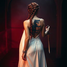 A captivating woman with long red hair styled with intricate braids, wearing an elegant white gown that cascades gracefully to the ground