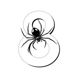 A simple, black and white flat illustration of a spider sitting on a figure 8