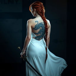 A captivating woman with long red hair styled with intricate braids, wearing an elegant white gown that cascades gracefully to the ground