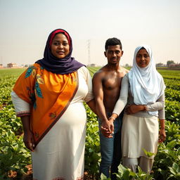 A striking portrait of a plus-sized, dark-skinned woman wearing a vibrant Hijab, standing confidently in an Egyptian agricultural field