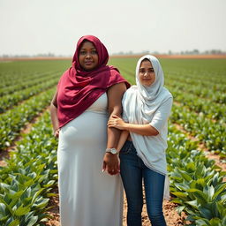 A striking portrait of a plus-sized, dark-skinned woman wearing a vibrant Hijab, standing confidently in an Egyptian agricultural field