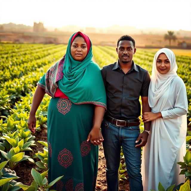 A striking portrait of a plus-sized, dark-skinned woman wearing a vibrant Hijab, standing confidently in an Egyptian agricultural field