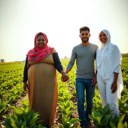 A striking portrait of a plus-sized, dark-skinned woman wearing a vibrant Hijab, standing confidently in an Egyptian agricultural field