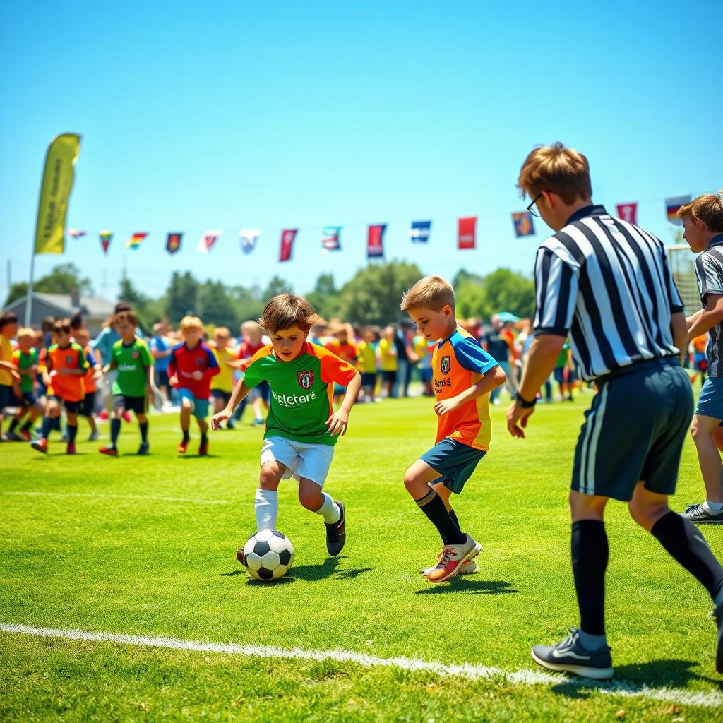 A lively kids' football tournament taking place on a sunny day