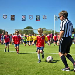 A lively kids' football tournament taking place on a sunny day