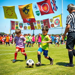 A lively kids' football tournament taking place on a sunny day