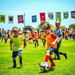 A lively kids' football tournament taking place on a sunny day