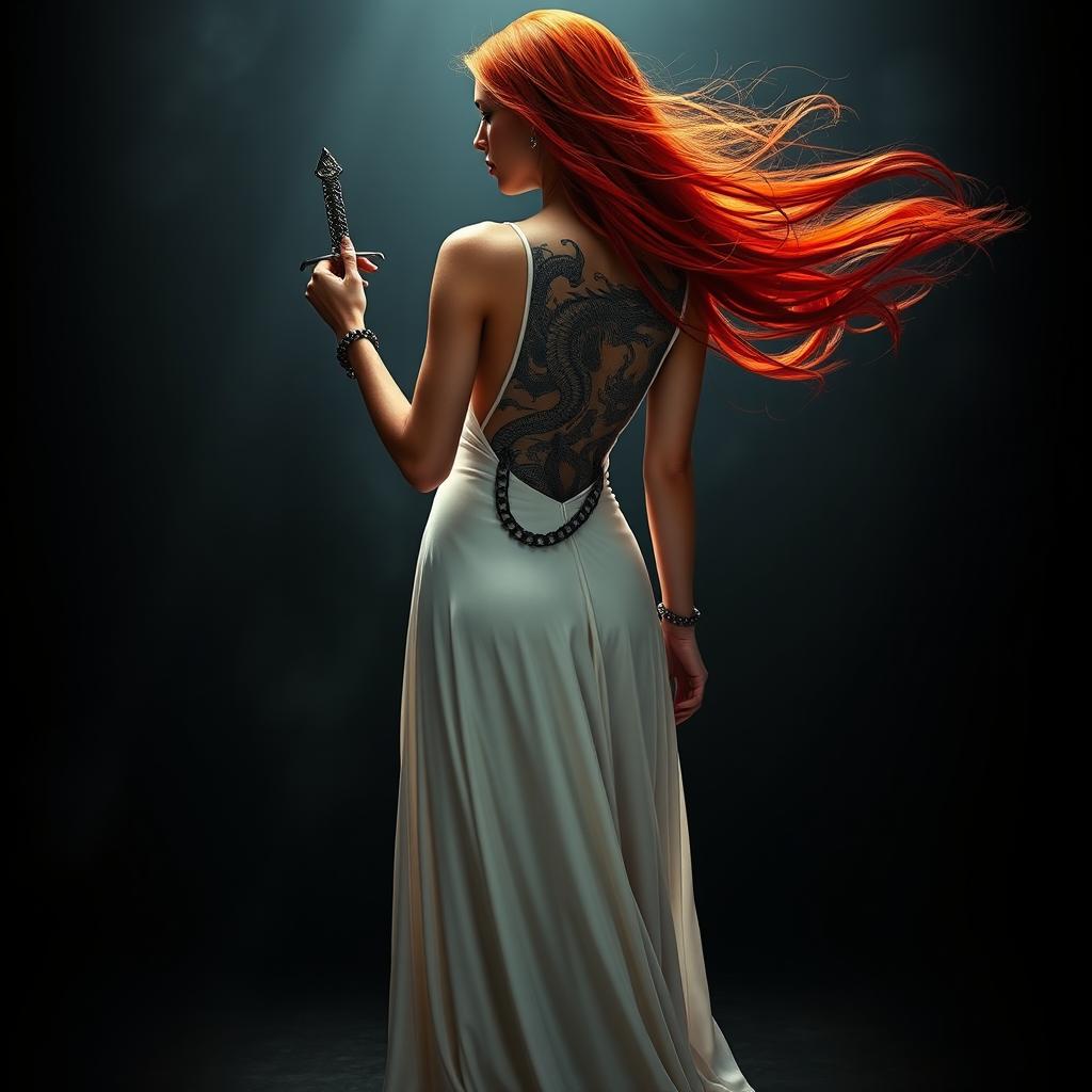 A captivating woman with long red hair flowing freely, wearing an elegant white gown that cascades gracefully to the ground