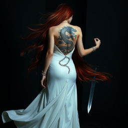 A captivating woman with long red hair flowing freely, wearing an elegant white gown that cascades gracefully to the ground