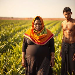 In an Egyptian agricultural field, a dark-skinned plus-sized woman wearing a vibrant Hijab stands assertively