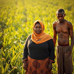 In an Egyptian agricultural field, a dark-skinned plus-sized woman wearing a vibrant Hijab stands assertively