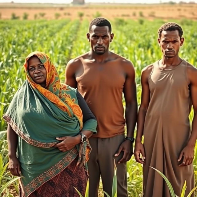 In an Egyptian agricultural field, a dark-skinned plus-sized woman wearing a vibrant Hijab stands assertively