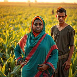 In an Egyptian agricultural field, a dark-skinned plus-sized woman wearing a vibrant Hijab stands assertively